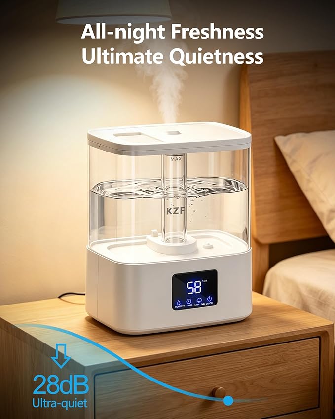KZF 4L Top Fill Humidifiers for Bedroom & 40H Runtime - Cool Mist Humidifier, 3 Mist Levels, 8H Timer, Essential Oil Tray, Humidity Display, Quiet for Baby, Plants, Large Room (White, 4, Liters)