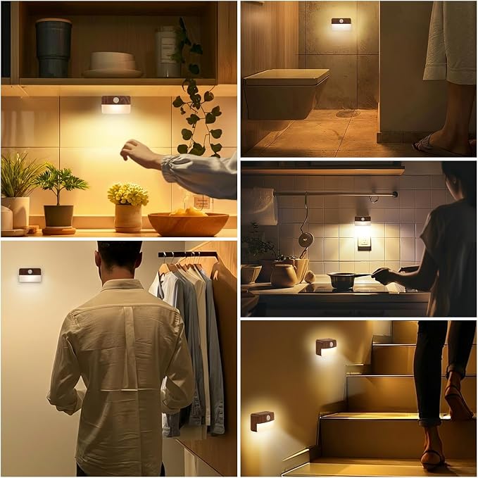 Guankai 16 Pack Motion Sensor Stair Light for Indoor, Battery Operated Closet Lights, Wireless Stick on Anywhere Hallway Lamp, Portable Led Night Lamps for Bedroom Under Cabinet Kitchen, Wood Grain