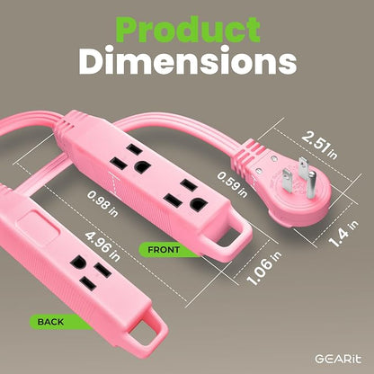 GEARit 10 ft 360° Rotating Flat Plug Extension Cord, 3 Outlet Low Profile Power Cord, 16 AWG 13A 3 Prong Grounded Indoor Cord, ETL Listed, Space-Saving for Furniture, Pink