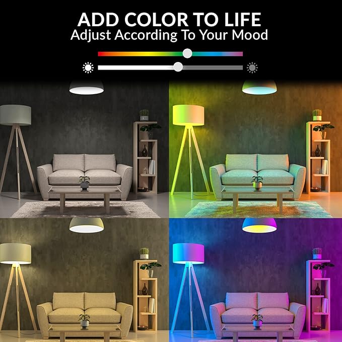 WBM SMART LED Color Changing Lights, Compatible with Alexa & Google Assistant, RGBW 2700K-6500K, 60 Watt Equivalent Multicolor, Dimmable with App, A19 E26, No Hub Required, 2.4GHz WiFi Only, 4 Counts