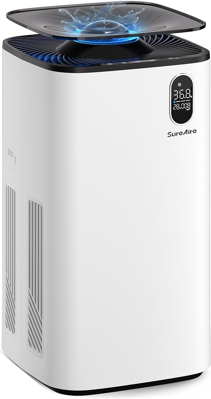 Humidifier and Air Purifier In One with Wheels for Bedroom, 6L Top Fill Evaporative No-White-Mist for Whole Home, Large Room Humidifier with Removable Tank & Dimmable Light, Easy Clean