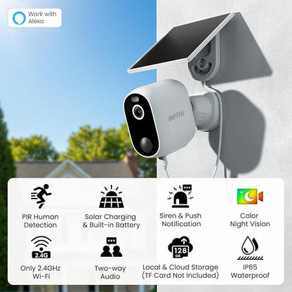 INFIYA Solar Camera Outdoor Wireless-2.4GHz Wi-Fi Outside Cameras for Home Security, PIR Motion Detection, Siren Alarm, 2K Color Night Vision, SD & Cloud Storage(Optional), Work with Alexa, Z1 2P