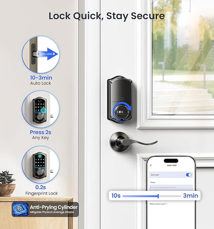 Veise VE017-L Fingerprint Smart Lock with Lever Handles, App Control, Keyless Entry Front Door Lock Set, Electronic Digital Keypad Deadbolt, Remote Grant, Emergency Power Port, Auto Lock, Matte Black