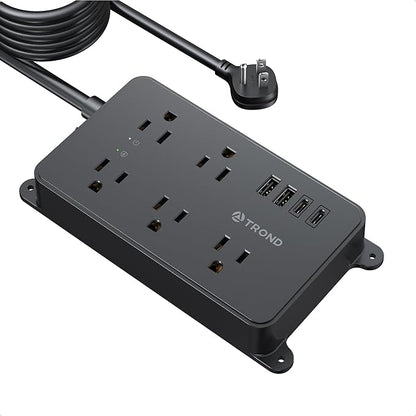 TROND Surge Protector Power Strip, 15ft Long Extension Cord, ETL Listed, 5 Widely Spaced AC Outlets, 2 USB A and 2 USB C, 1300J, Low-Profile Flat Plug, Wall Mountable, for Kitchen Office, Black