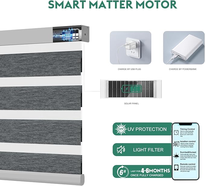 Motorized Zebra Blinds with Remote, Work with HomeKit Alexa Automatic Electric Window Shades 95% Blackout Light Filtering for Smart Home and Office, Customized Size Light Gray