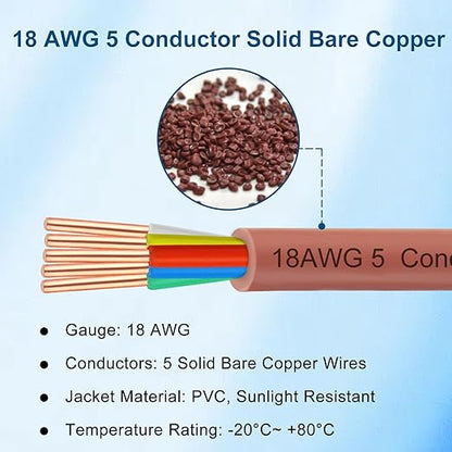 18AWG Thermostat Wire 18/5 Solid Copper – 5 Conductor Low Voltage HVAC Cable for Thermostats, Alarm Systems, Doorbells, Multi-Color, 20FT