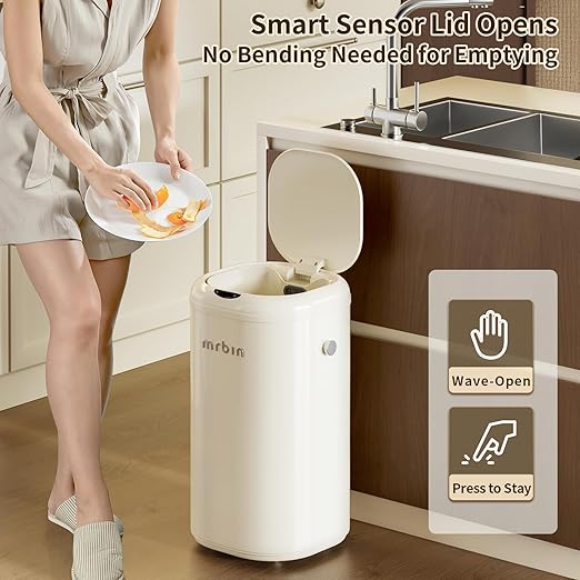 MRBIN Metal Motion Sensor Tall Kitchen Trash Can with Lid and Wheel, 8 Gallon Automatic Garbage Pail Touchless, Electric Covered Waste Basket for Bedroom, Rv, Office, Restroom, Cream White