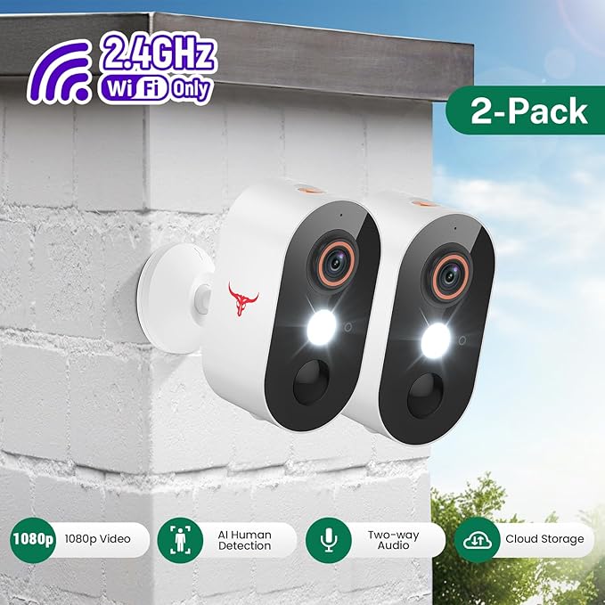 1080p Wireless Security Camera with AI Human Detection, Night Vision, 2-Way Talk, Cloud Storage, 2.4G WiFi, Battery Camera for Home Security (2 Pack)