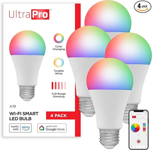 UltraPro Wi-Fi LED Smart Light Bulb, A19, 60W Equivalent, RGB, Color Changing, White Select Tunable 2700K - 6500K, Dimmable, 2.4GHz Router Required, Circadian Rhythm, Easy-to-Use App, 4 Pack, 51454