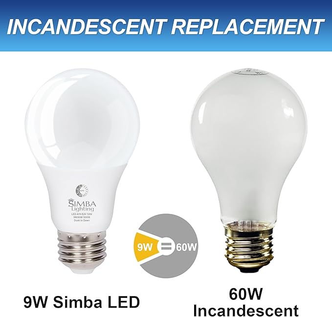Simba Lighting LED Outdoor Light Bulbs with Photocell Sensor Dusk to Dawn Smart Auto On and Off (2 Pack) A19 9W 60W Replacement for Porch, Night Light, Garage Door, E26 Medium Base, 5000K Daylight