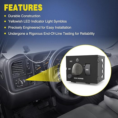 Nilight Headlight Dimmer Switch Compatible with 1995 1996 1997 1998 1999 Chevy Silverado 1500 Tahoe Astro GMC Yukon 2000 Cadillac Escalade Yellowish LED Light