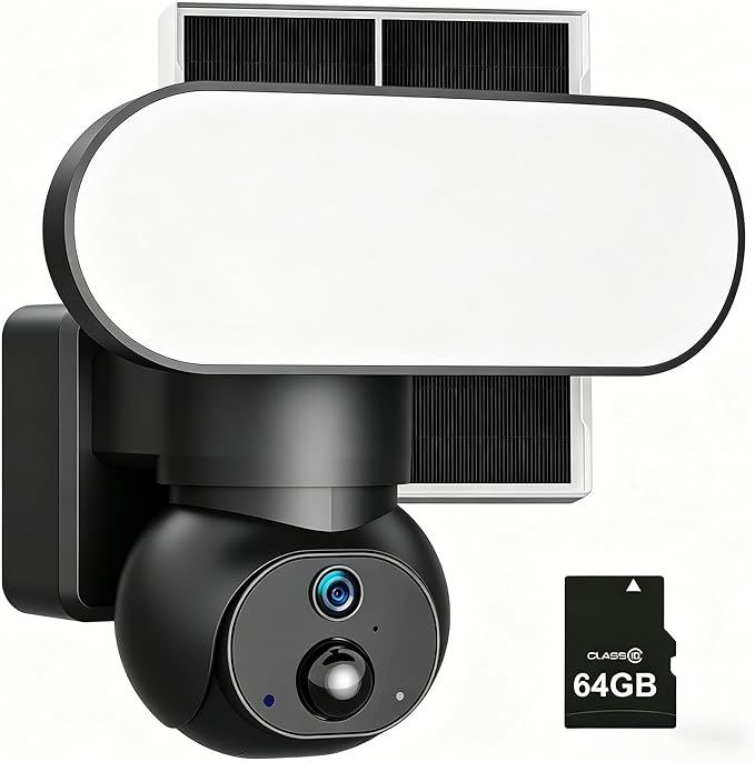 Floodlight Camera Solar Powered, 1500 Lumens Security Light, 2K Wireless Outdoor Cam with 360° PTZ, Human/Vehicle/Animal AI Detection, Color Night Vision, 64GB Local Storage, No Monthly Fee