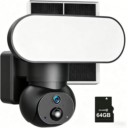 Floodlight Camera Solar Powered, 1500 Lumens Security Light, 2K Wireless Outdoor Cam with 360° PTZ, Human/Vehicle/Animal AI Detection, Color Night Vision, 64GB Local Storage, No Monthly Fee