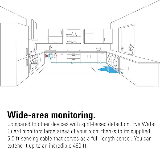 Eve Water Guard - Smart Home Water Leak Detector, 6.5 ft Sensing Cable, 100 dB Siren, (Apple HomeKit), App Notifications, Bluetooth, Thread