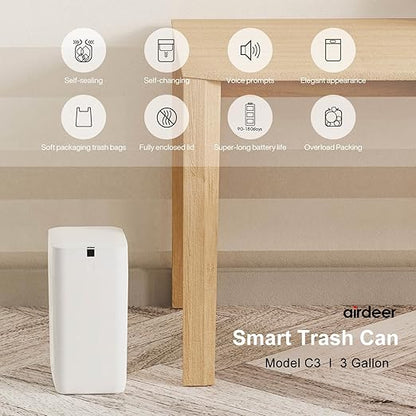 Airdeer Automatic Trash Can, 3 Gallon Self Sealing and Self-Changing Smart Trash Can, Motion Sensor, Touchless Garbage can with lid for Kitchen Bathroom Bedroom Office, 6 Refill Rings(C3, White)