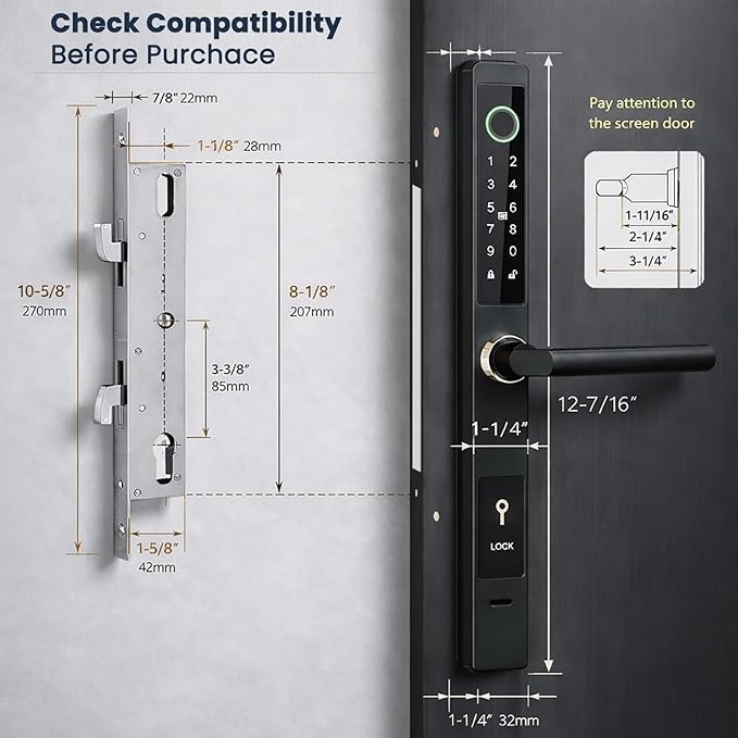 Smart Door Lock with Handle - Keyless Entry Fingerprint & Touchscreen Keypad - App Control, Alexa & Google Home Compatible - Waterproof Sliding Door Patio, Wood, Aluminum Slim Door - DIY Black