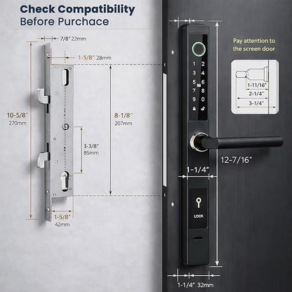 Smart Door Lock with Handle - Keyless Entry Fingerprint & Touchscreen Keypad - App Control, Alexa & Google Home Compatible - Waterproof Sliding Door Patio, Wood, Aluminum Slim Door - DIY Black