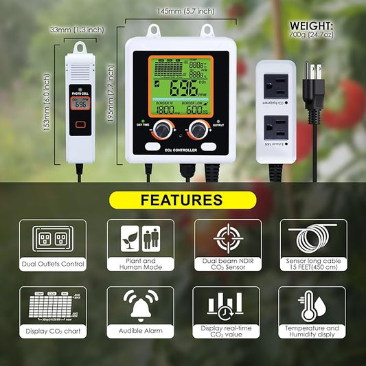 CO2 Controller Dual Outlets Carbon Dioxide Controller for Grow Room, Two Smart Plugs Automatically Control Regulators and Fans, NDIR Sensor and Display CO2 Chart, Temp, RH