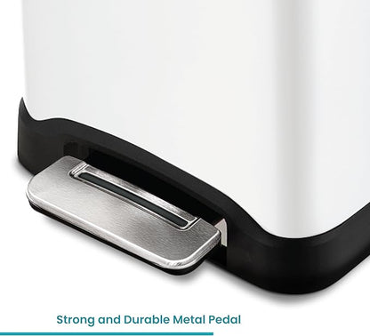 Home Zone Living 13 Gallon Slim Kitchen Trash Can with Dual Compartments for Recycling, Stainless Steel, White, 50 Liters Total