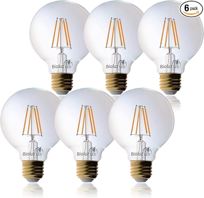 Bioluz LED 92 CRI G25 Globe Light Bulbs Clear Glass Filament 60W Replacement 5.5W Dimmable 2700K LED Bulb, Low Wattage Regular Light Bulbs LED, Bathroom Vanity Decor, 60W Edison Bulbs UL Listed-6-Pack
