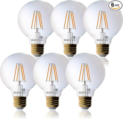 Bioluz LED 92 CRI G25 Globe Light Bulbs Clear Glass Filament 60W Replacement 5.5W Dimmable 2700K LED Bulb, Low Wattage Regular Light Bulbs LED, Bathroom Vanity Decor, 60W Edison Bulbs UL Listed-6-Pack