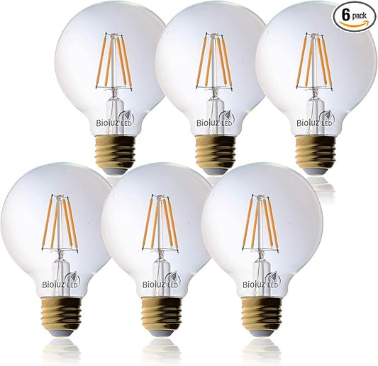 Bioluz LED 92 CRI G25 Globe Light Bulbs Clear Glass Filament 60W Replacement 5.5W Dimmable 2700K LED Bulb, Low Wattage Regular Light Bulbs LED, Bathroom Vanity Decor, 60W Edison Bulbs UL Listed-6-Pack