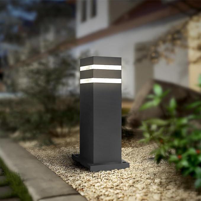 ASD 12" Square Bollard Light Fixture, Outdoor Pathway Floor Lamp | Antiglare, Waterproof, ETL Listed | 60W E26 Bulb Socket 120V | Landscape Hardwired Lighting, Exterior Post Lantern | Black