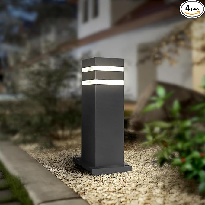 ASD 12" Square Bollard Light Fixture, Outdoor Pathway Floor Lamp | Antiglare, Waterproof, ETL Listed | 60W E26 Bulb Socket 120V | Landscape Hardwired Lighting, Exterior Post Lantern | Black, 4 Pack