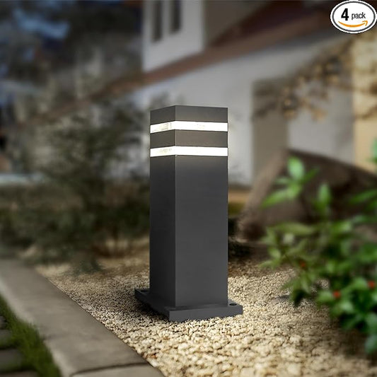 ASD 12" Square Bollard Light Fixture, Outdoor Pathway Floor Lamp | Antiglare, Waterproof, ETL Listed | 60W E26 Bulb Socket 120V | Landscape Hardwired Lighting, Exterior Post Lantern | Black, 4 Pack