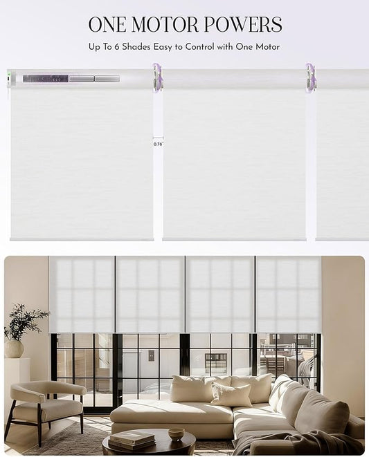 Graywind Smart Coupled Roller Shades Compatible with Alexa Google Custom Size Extra Large Motorized Blinds for Windows(Jacquard White)