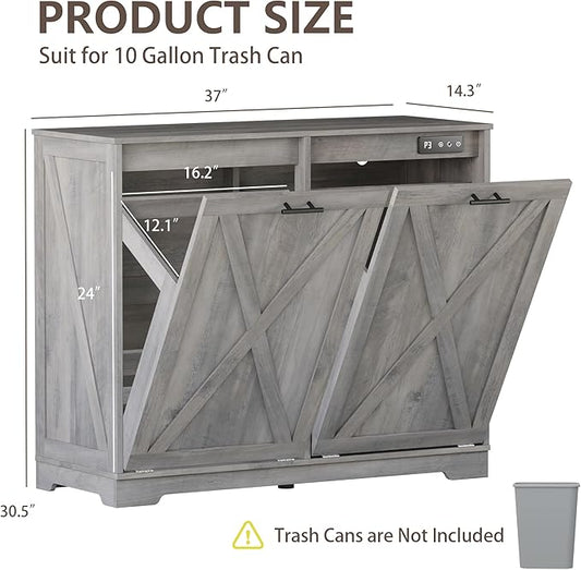 Double Tilt Out Trash Can Cabinet, Wooden Farmhouse Kitchen Garbage Bin Enclosure with Negative Ion Odor Control, Hidden Dog Proof Trash or Laundry Basket Storage for Laundry Room, Grey
