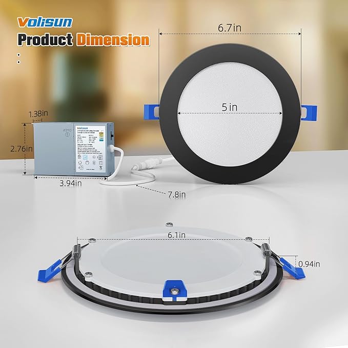 VOLISUN 8 Pack 6 inch Recessed Lighting, 5CCT LED Recessed Light Black, 2700K-5000K Selectable, 13W Eqv 120W, 1080LM Dimmable Canless Wafer Downlight, LED Ceiling Light ETL Certificated