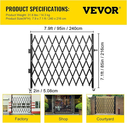 VEVOR Single Folding Security Gate, 7.25 ft H x 7.8 ft W Folding Door Gate, Steel Accordion Security Gate, Flexible Expanding Security Gate, 360° Rolling Barricade Gate, Scissor Gate/Door with Padlock