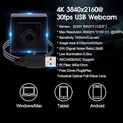 4K Video Surveillance USB Camera 2160P Webcam with Microphone IMX317 Sensor Webcamera for Industrial, 30fps USB Webcam with Mini Case Mini Camera for Video Conference Live Streaming