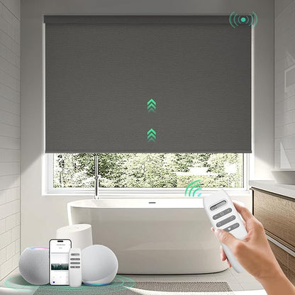 HeyBlinds Motorized Blinds with Remote, 100% Blackout Smart Blinds, Automatic Shades for Windows Compatible with Alexa Google and Homekit, Custom Size(Photo Film-Taupe BO)