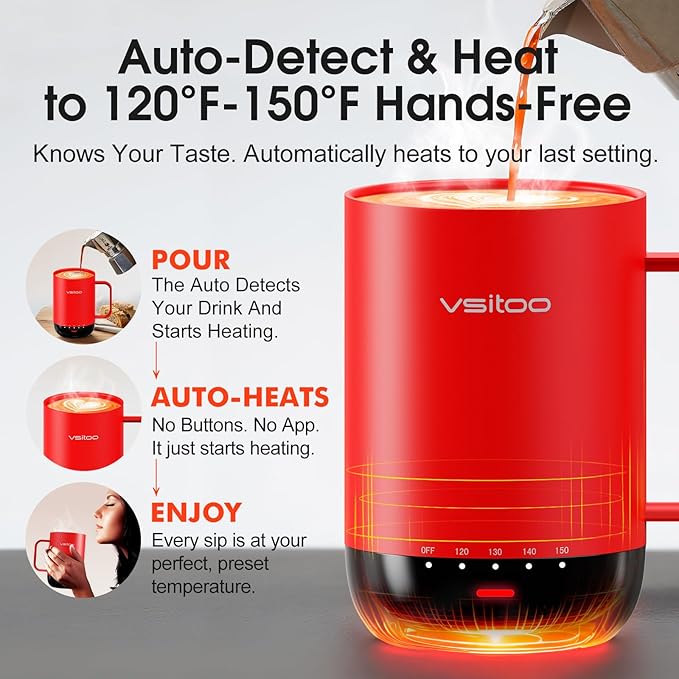 Vsitoo S3 Pro 16oz Smart Self Heating Coffee Mug,Heated Coffee Mug with Auto-Sensing AI Heats Drinks to 120-150°F Hands-Free.Perfect for Home/Office,Ideal Gift fo Men/Women, Red