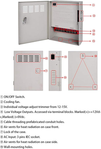 4K CCTV Power Supply 8 Channel Adjustable DC11V ~DC15V 16 Amp Output Reset Fuse with Anti-Ripple and Anti-EMI Interference Circurt Designed for 4K IP/CCTV Security Cameras System