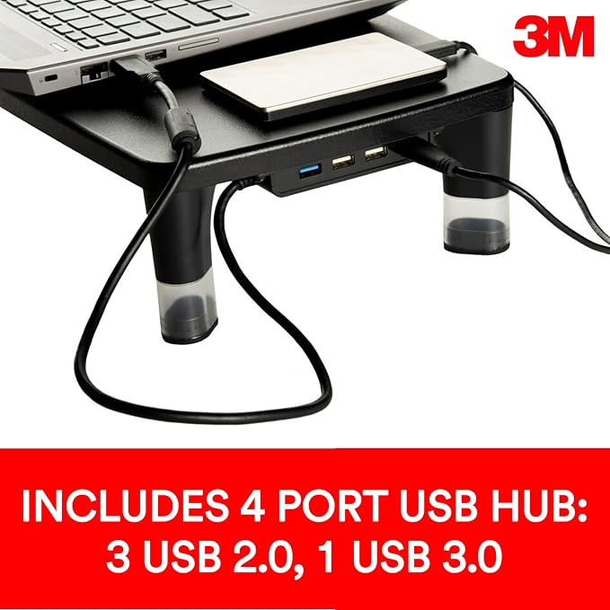 3M Monitor Computer Stand, 21.6 in x 9.4 in, 4 Port USB Hub | Height Adjustable Monitor Riser For Desk, Office, Home With Underneath Storage Space, No Skid