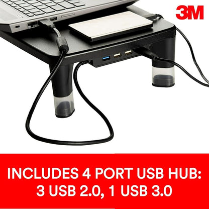 3M Monitor Computer Stand, 21.6 in x 9.4 in, 4 Port USB Hub | Height Adjustable Monitor Riser For Desk, Office, Home With Underneath Storage Space, No Skid