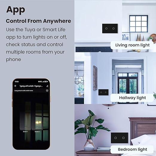 Smart Switch 118X72X34MM Neutral/No Neutral Wire Required, 2.4GHz Wi-Fi,Compatible with Alexa and Google Home 220V, Black 2 Gang 1 Pack
