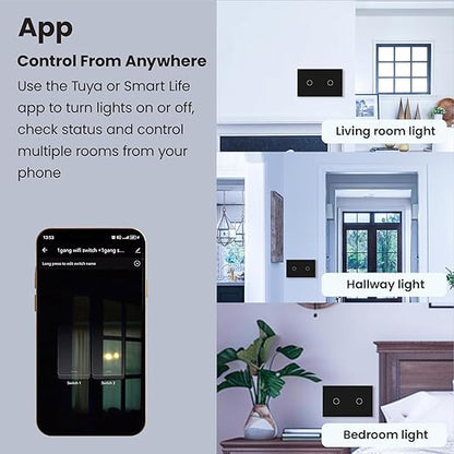 Smart Switch 118X72X34MM Neutral/No Neutral Wire Required, 2.4GHz Wi-Fi,Compatible with Alexa and Google Home 220V, Black 2 Gang 1 Pack