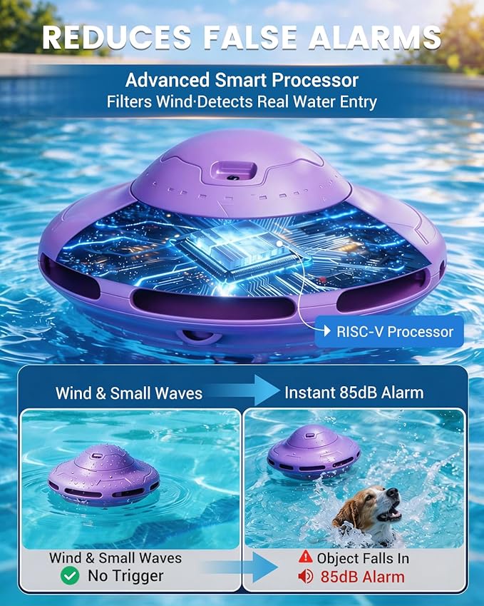 Smart Pool Alarm with App for Inground & Above Ground Pools, Adjustable Sensitivity Water Detection Alarm up to 20x40ft, 85dB+ Safety Alerts for Kids, Pets & Accidental Entry(Purple)