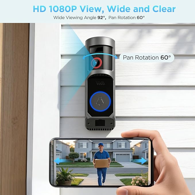 Wireless Battery Video Doorbell Camera 1080P with Chime, 92° Angle View with Pan Rotation 60°, Two Way Audio, AI Motion Detection, IR Night Vision and Cloud Storage, 2.4G Wi-Fi only