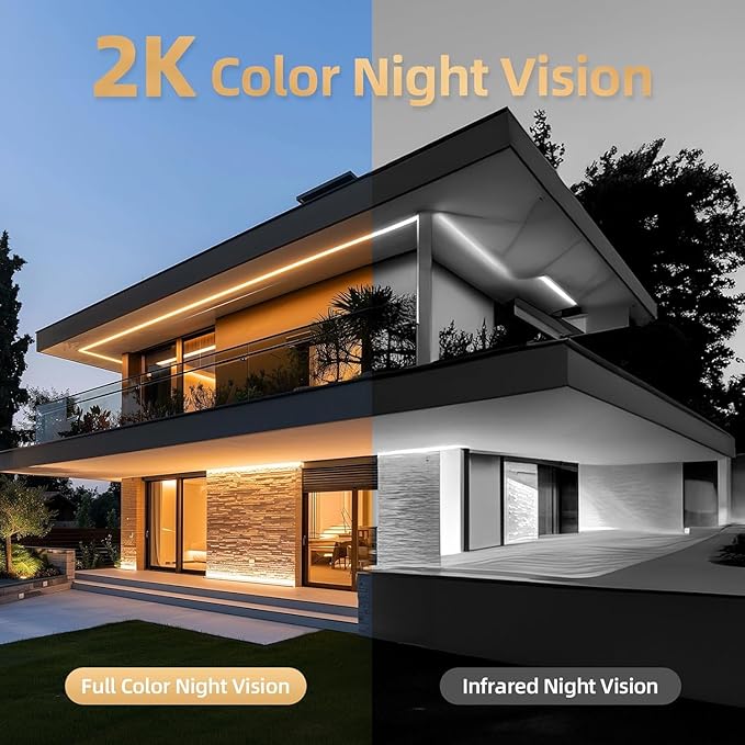 Solar Security Cameras Wireless Outdoor, 2K Battery Powered, Cloud/SD Storage, Built-in Solar, IP65 Waterproof, AI Motion, Color Night Vision, Outside WiFi Cameras for Home Security 2-Pack