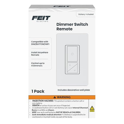 Feit Electric Dimmer Switch Remote, Wireless Smart Lighting Control, Push-Button Dimming, Beacon Control for Up to 4 Wired Dimmers, Battery-Powered (CR2032 Button Cell, 4-Year Life), DIM/Companion