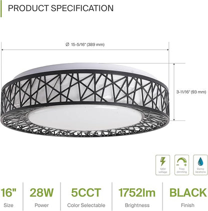 ASD 16 Inch LED Flush Mount Ceiling Light Fixture for Bedroom, 28W 1752LM 5CCT 2700K-5000K, Triac Dimmable Lights, Dining, Living Room, Kitchen Lamps, Modern Home Lighting Fixtures, Black, ETL, 4 Pack