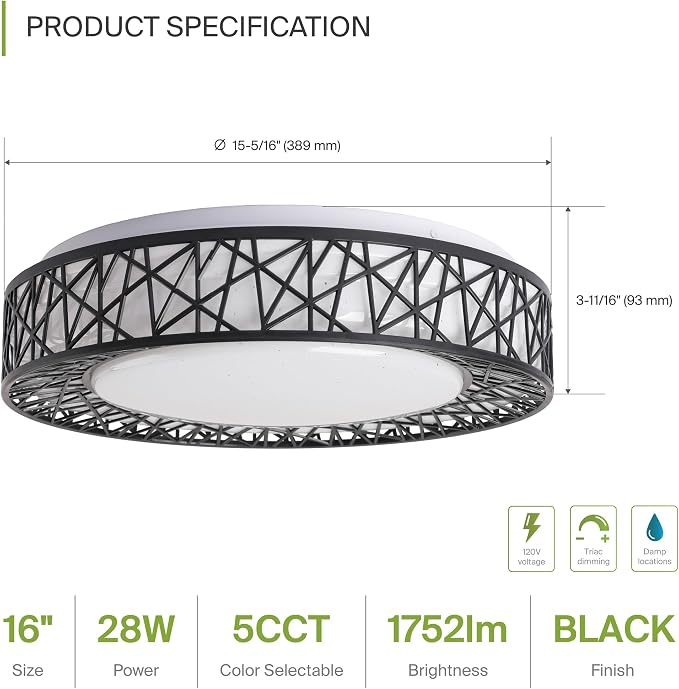 ASD 16 Inch LED Flush Mount Ceiling Light Fixture for Bedroom, 28W 1752LM 5CCT 2700K-5000K, Triac Dimmable Lights, Dining, Living Room, Kitchen Lamps, Modern Home Lighting Fixtures, Black, ETL