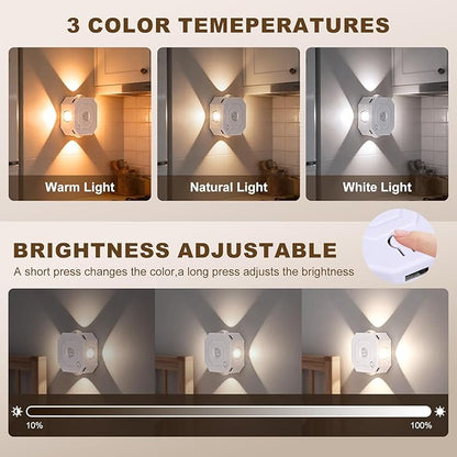 Motion Sensor LED Night Lights 4 Pack, Indoor Rechargeable Stair Lights, Magnetic Installation, 3 Color Temp Dimmable, Wireless Wall Sconce for Hallway Closet Bathroom Cabinet
