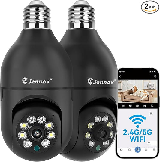 Jennov 2K Light Bulb Security Camera Wireless Outdoor, Indoor Light Socket Cameras for Home Security, Human Detection, 355°, Color Night Vision, 5G/2.4G WiFi, Screw in, Compatible with Alexa