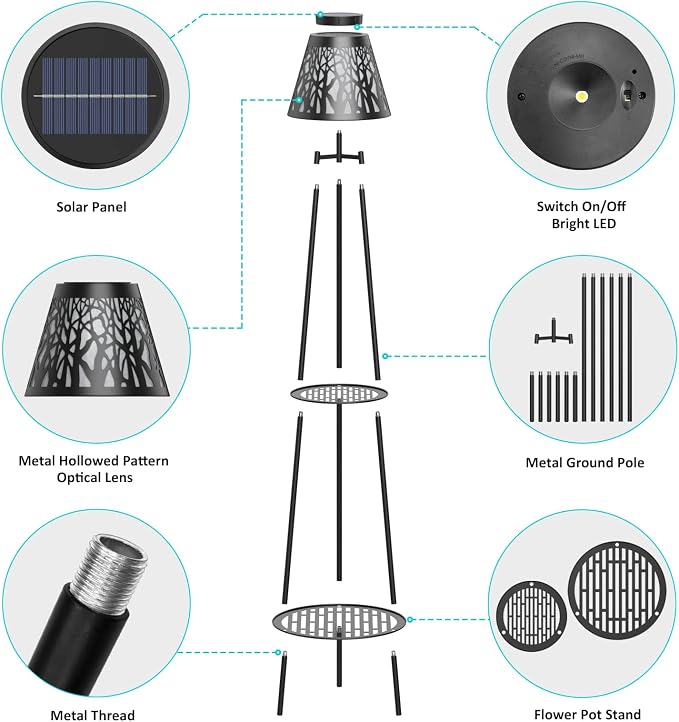 MXwcy 2-Tier Solar Plant Stand with Light, Outdoor Waterproof Floor Lamp with Tree Branch Cutout Lampshade, Tall Metal Planter Holder Display Rack for Patio, Porch, Garden, Balcony Decor (2 Pack)
